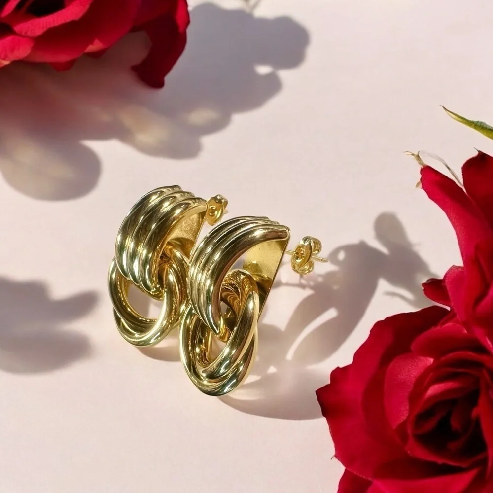 NEW Yellow Gold-Plated Stainless Steel Knotted & Looped Drop Earrings Celeb Fav